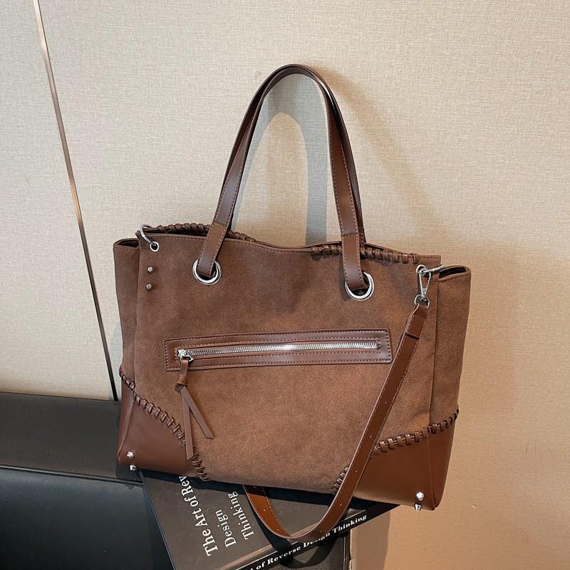 Large Capacity Tote Bag Women Vintage Contrast Color PU Leather Soft Structured Daily Commute Casual Use