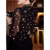 Damska wiosenna elegancka koszula typu pulower w kropki ze stójką i guzikami. Damska luźna, wyszczuplająca góra.