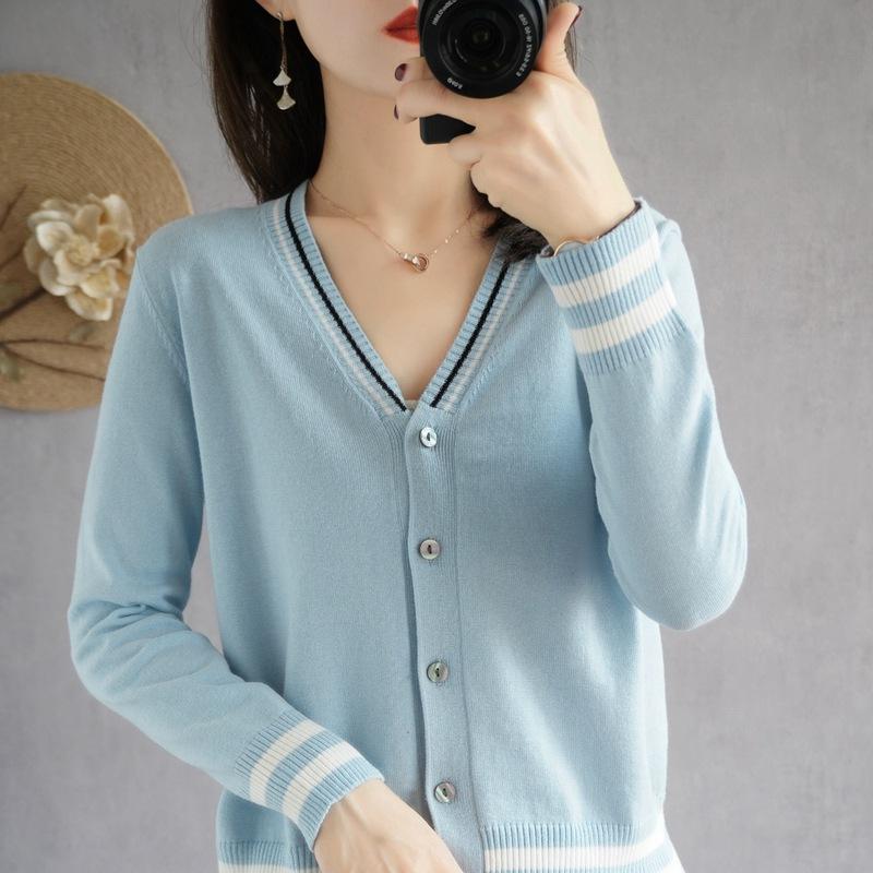 V-neck Knitted Cardigan for Women's Thin Style Cotton Thread Jacket Spring and Autumn New Slim Body Long Sleeve Short