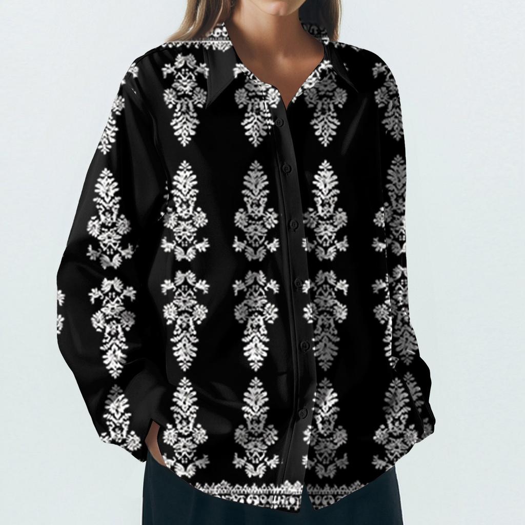 Women's Shirt With Floral Print Buttons, Long Sleeved Casual Regular Shirt Collar Top