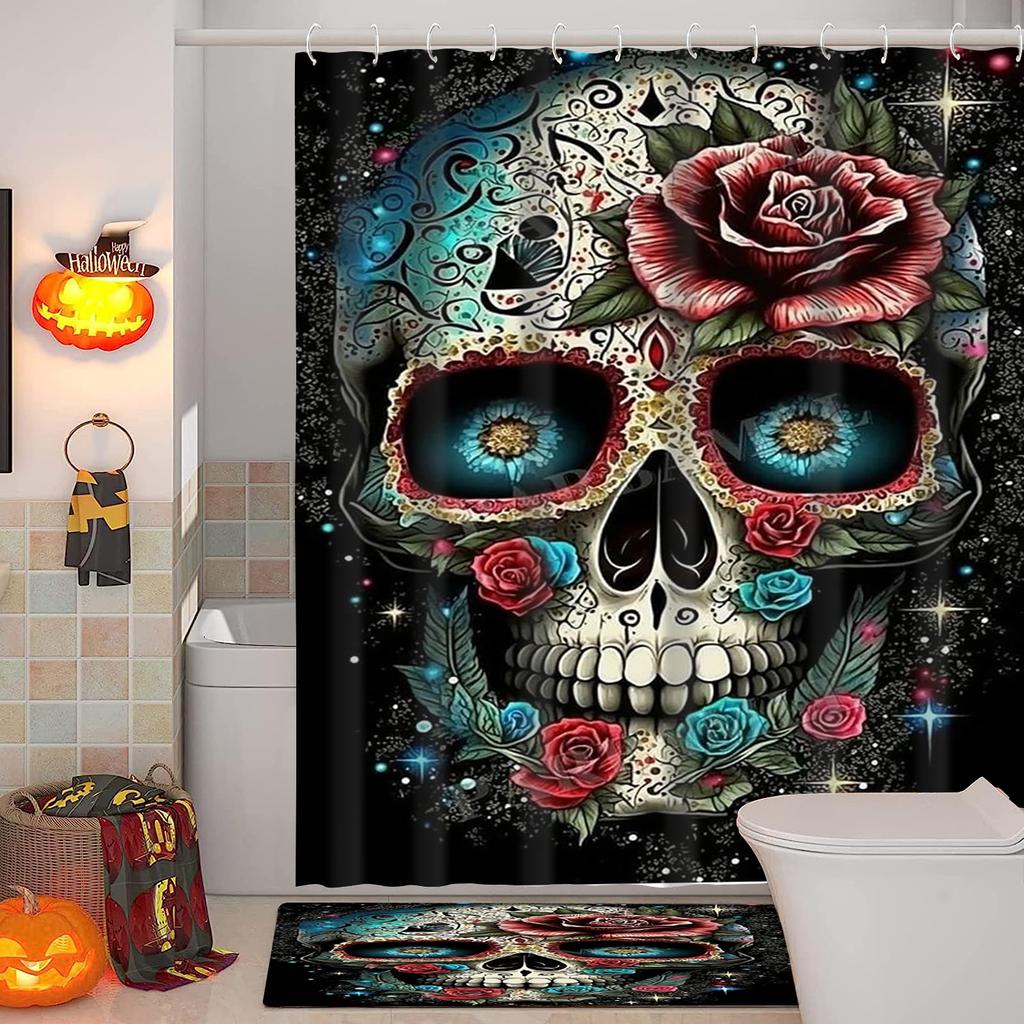 Halloween Theme Flower Skull Pattern Bathing Curtain Bathroom Shower Curtain Waterproof With 12 Hooks Home Deco Free Ship
