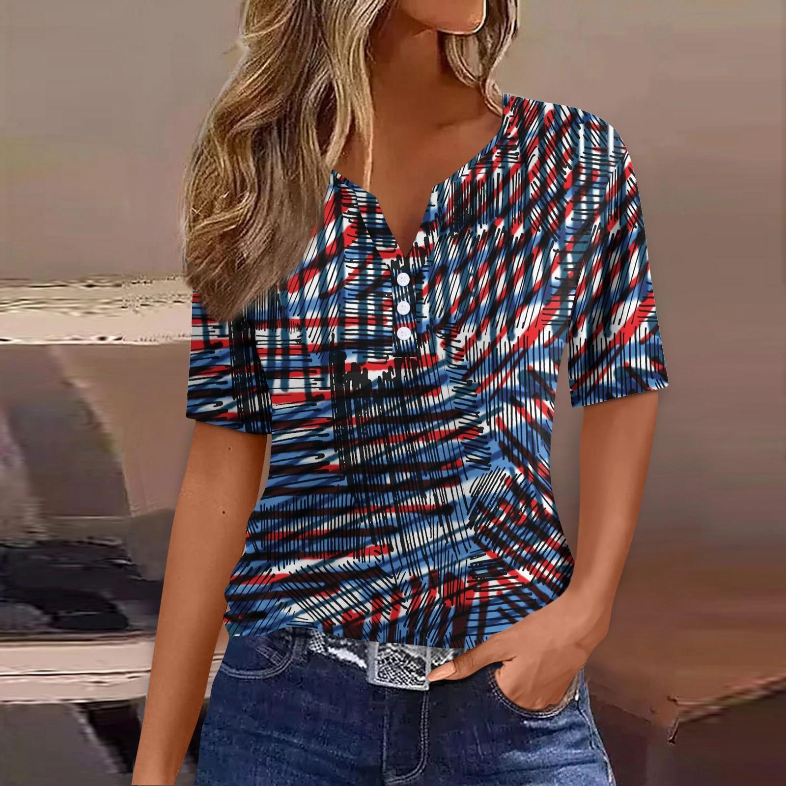 

Жен. Футболка Футболка С принтом Пуговицы С короткими рукавами Повседневные Выходные Мода Классический V-образный вырез Обычный Верх XXXL