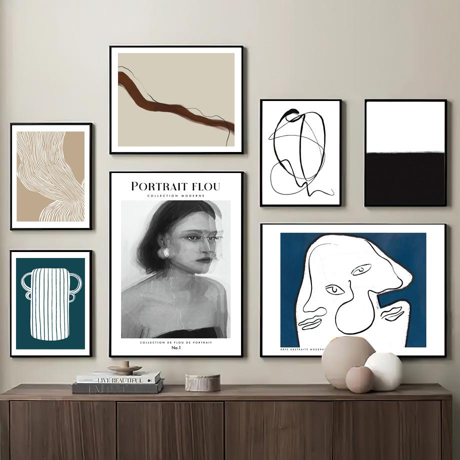 Linie curbă abstractă modernă, vază cu geometrie pentru femeie, poster nordic, imprimare de perete, pictură pe pânză, imagini de decorare pentru camera de zi