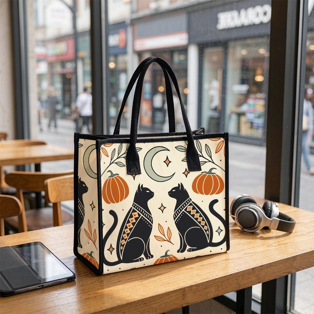 Boho Halloween Cat Pumpkin Canvas Tote Bag for Daily Use
