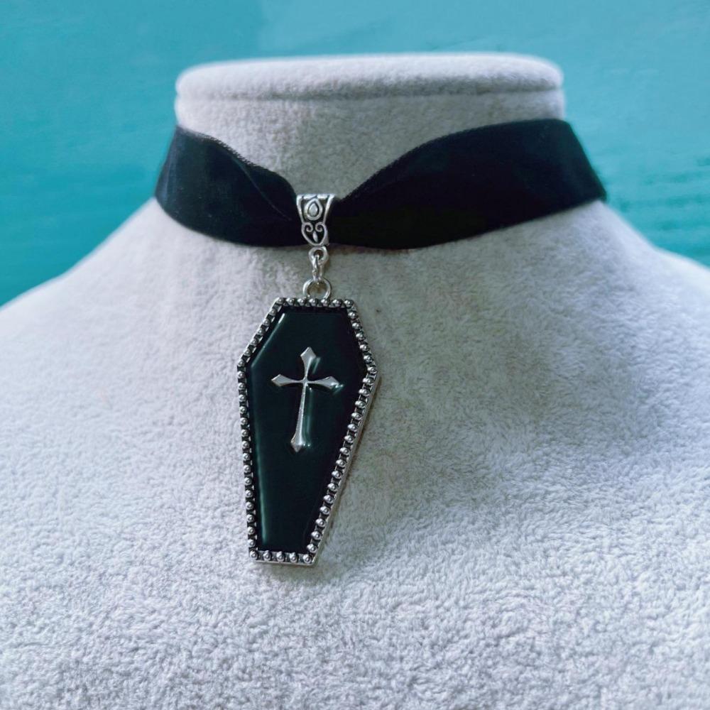 Gothic Silver Color Death Cross Red Dripping Glaze Coffin Pendant Velvet Necklace for Women Men Hallowmas Retro Fashion Jewelry
