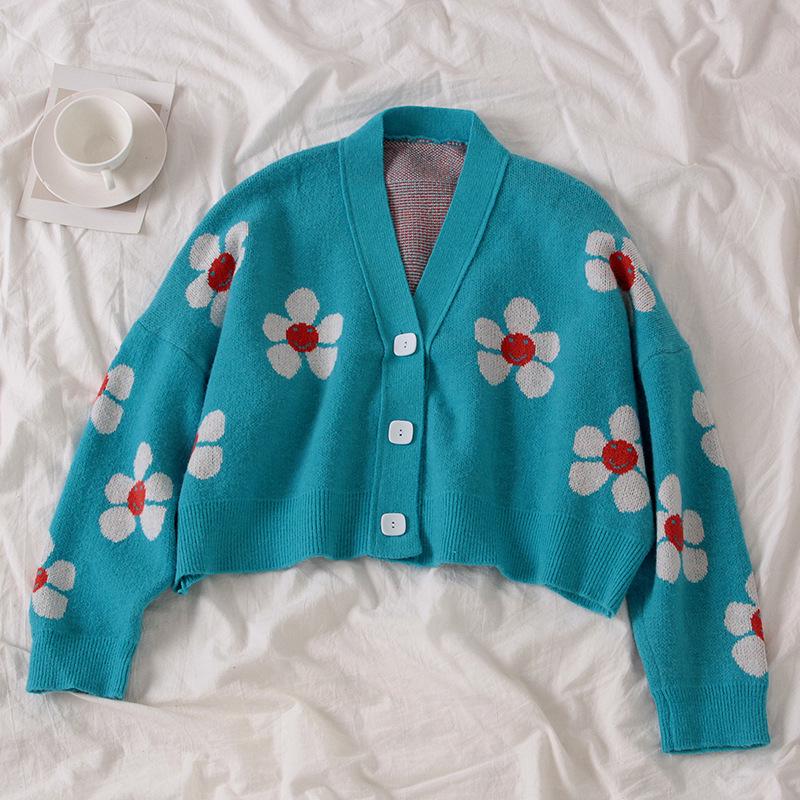 

Women s Short Sweater Autumn and Winter New Item Slim Fit and Slimming Flower Jacquard Knitted Cardigan S світло-синій колір