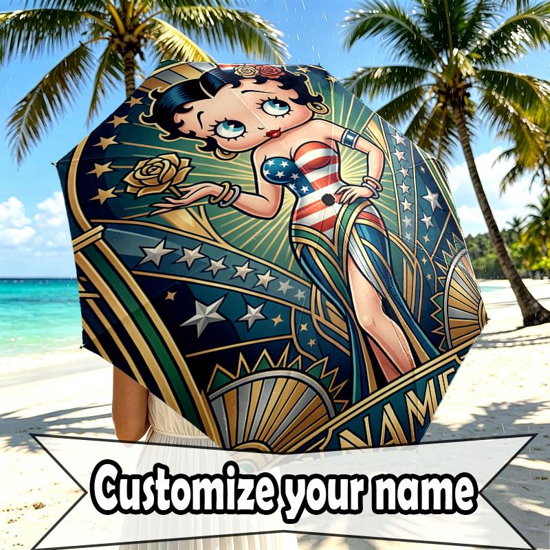 Spersonalizowany Parasol z Nadrukiem Betty Boop z Imieniem, Automatyczne Otwieranie i Zamykanie, Wytrzymały Stelaż z 8 Żebrami, do Codziennego Użytku, na Kemping i Piesze Wycieczki, Prezent Urodzinowy