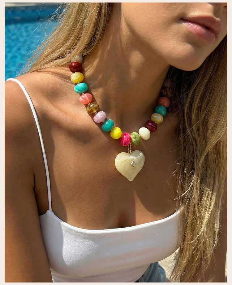 Rainbow Resin Bead Necklace for Women, Chunky Pave Crystal Large Heart Pendant, Dopamine Summer Beach Y2K Statement Jewelry