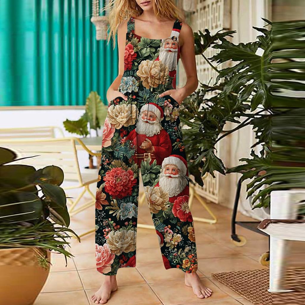 Women's Casual Jumpsuit Sleeveless Christmas Printed Cotton Jumpsuit