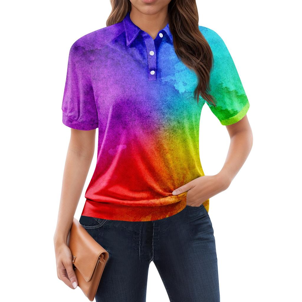 Women's Casual Floral Print V-Neck Short Sleeve Decorative Button T-Shirt Top