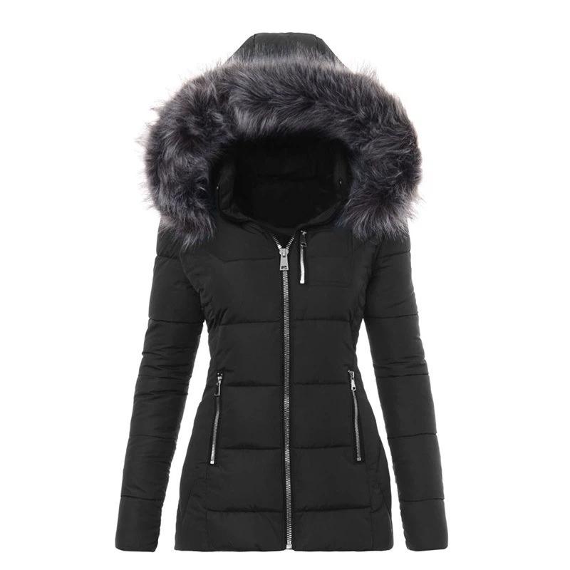 Damen Kapuzen Daunenmantel Kunstpelzkragen Reißverschluss Slim Fit Gepolsterte Jacke Winddicht Warm Winter Mittellang Oberbekleidung