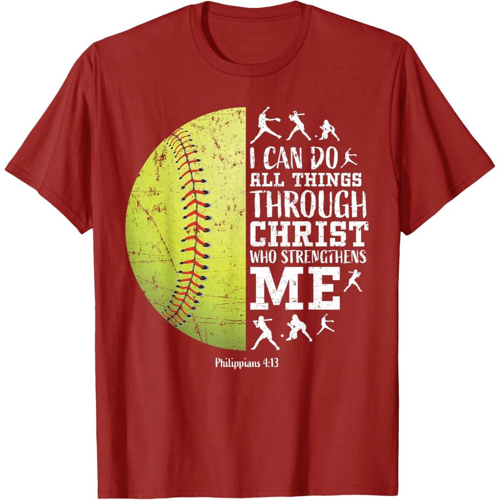 Softball I Can Do All Things Through Christ Graphic Tshirt Men Christian Faith Tee
