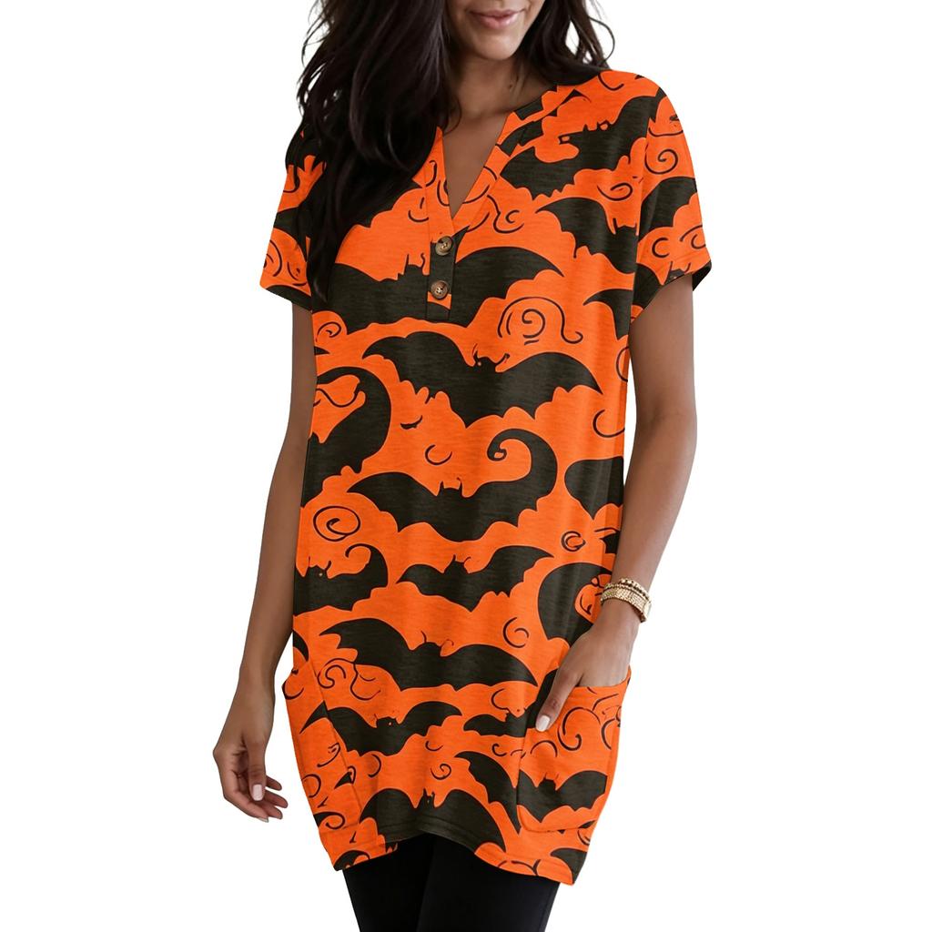 Women's Halloween V-Neck Short Sleeve T-Shirt with Pocket, Pullover Top, Printed Graphic Tee