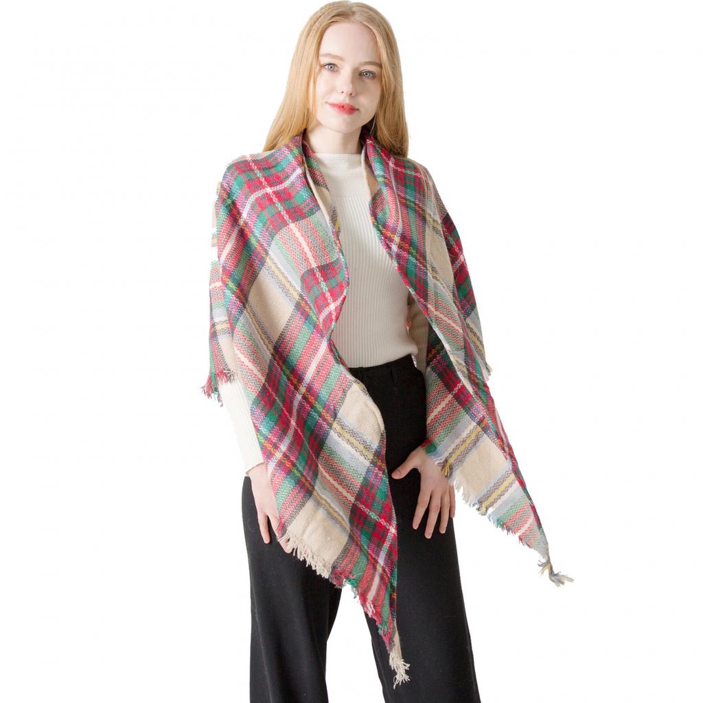 Spring Autumn Winter Imitation Cashmere Double-sided Colorful Plaid Triangle Scarf Women's Neck Shawl