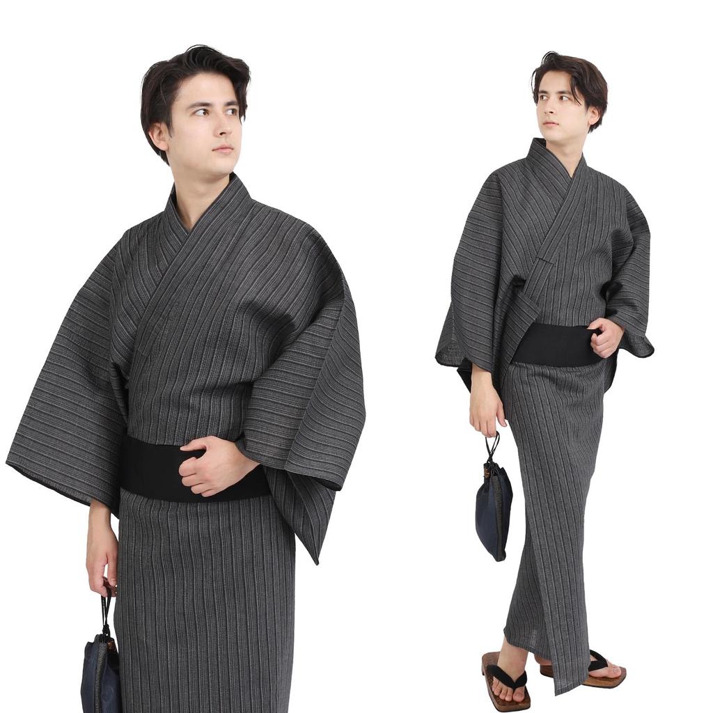 Fuuka Yukata Set with Obi and Waist Easy Velcro Cotton and Size with Katataki Stripes Square Waist WN13S Men's 3-Piece Cord, Closure, Linen, Small,