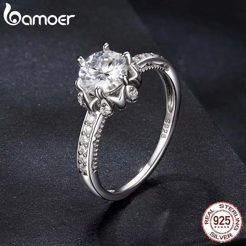 BAMOER D Color VVS1 EX Moissanite Flower Ring 1ct Round Moissanite Diamond Solitaire Engagement 925 Silver Rings For Wo