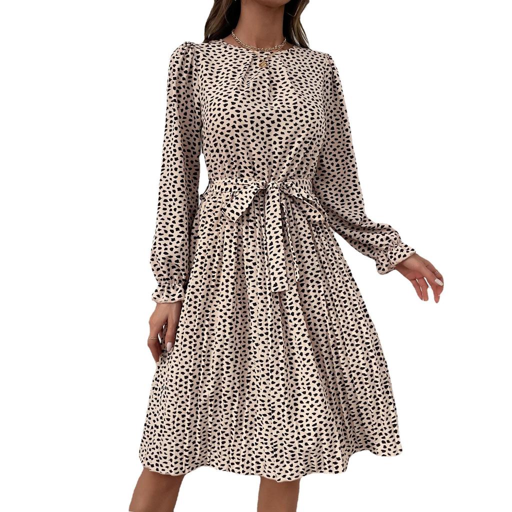 2024 Autumn Women's Long Sleeve Tie-up Leopard Print Dress
