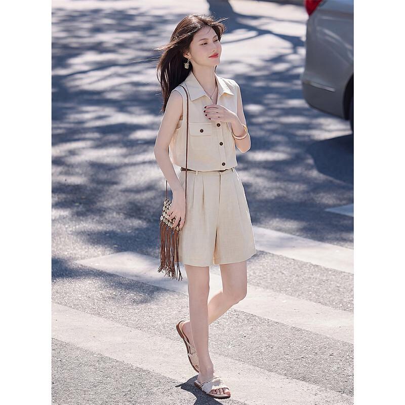 Women's Sleeveless Linen Blend Shirt & Shorts Set