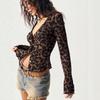 V Neck Leopard Print Long Sleeve Slim Fit Button Cardigan