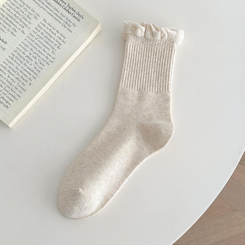 Calcetines de Algodón para Mujer de Primavera y Otoño de Color Puro con Encaje Agilla en el Tubo
