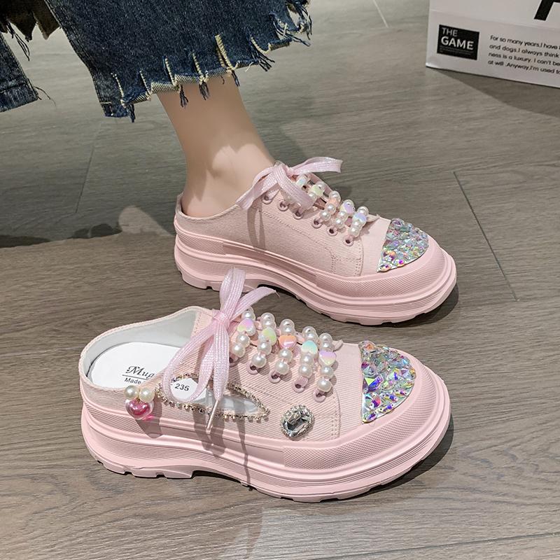 

Fashion Summer New Women Sneakers Slipper Designer Platform Mules Flat Sandal Sweet Casual Lace Up Pearl Crystal Shallow Ladies Shoes 40 розовый