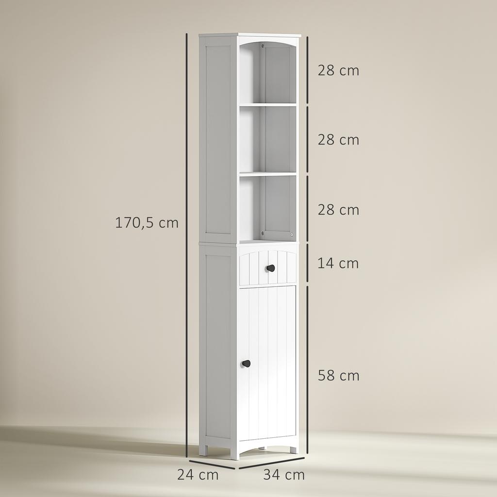 Badezimmerschrank mit 3 Regalen, 1 Schublade, stabil, MDF, weiß