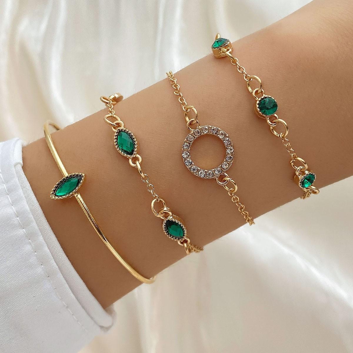 Retro Green Diamond Set Square Bracelet  Diamond Butterfly Heart Bracelet Set Of 4