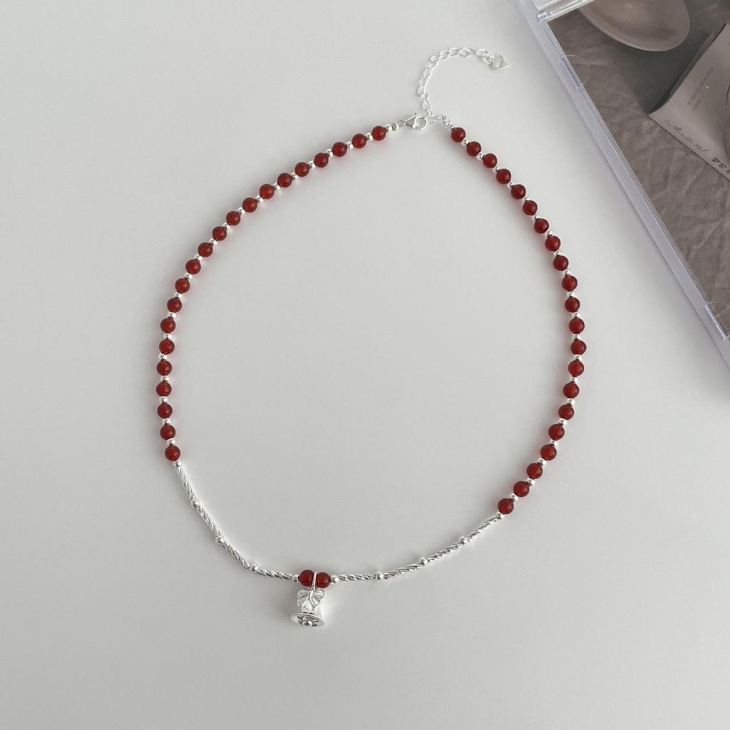 Ticky Red Agate Christmas Necklace S925 Silver Bow Bell Clavicle Chain