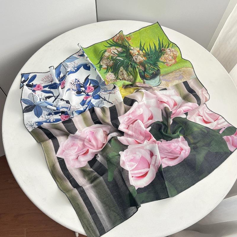 [100% Cotton] Premium Light Luxury Design Women s Pure Cotton Silk Scarf Oil Painting Fashion Temperament Light Luxury Neck Square Shawl 65