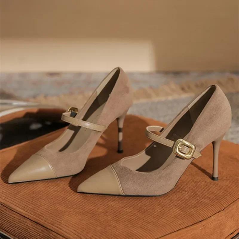 Fashion Sexy Pointed Toe Thin High Heels Women Leather Covered Toe Design Women Pumps Metal Belt Buckle Women's Elegant High Heel Shoes