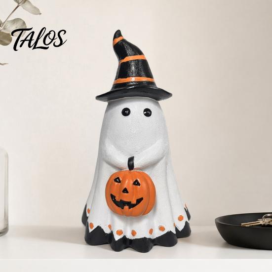 Spooky Ghost Decoration Halloween Figurine, Cute Wearing Hat And Holding Cool Patterns Pumpkin Statue, Resin Ornament for Shelf Tabletop Decor