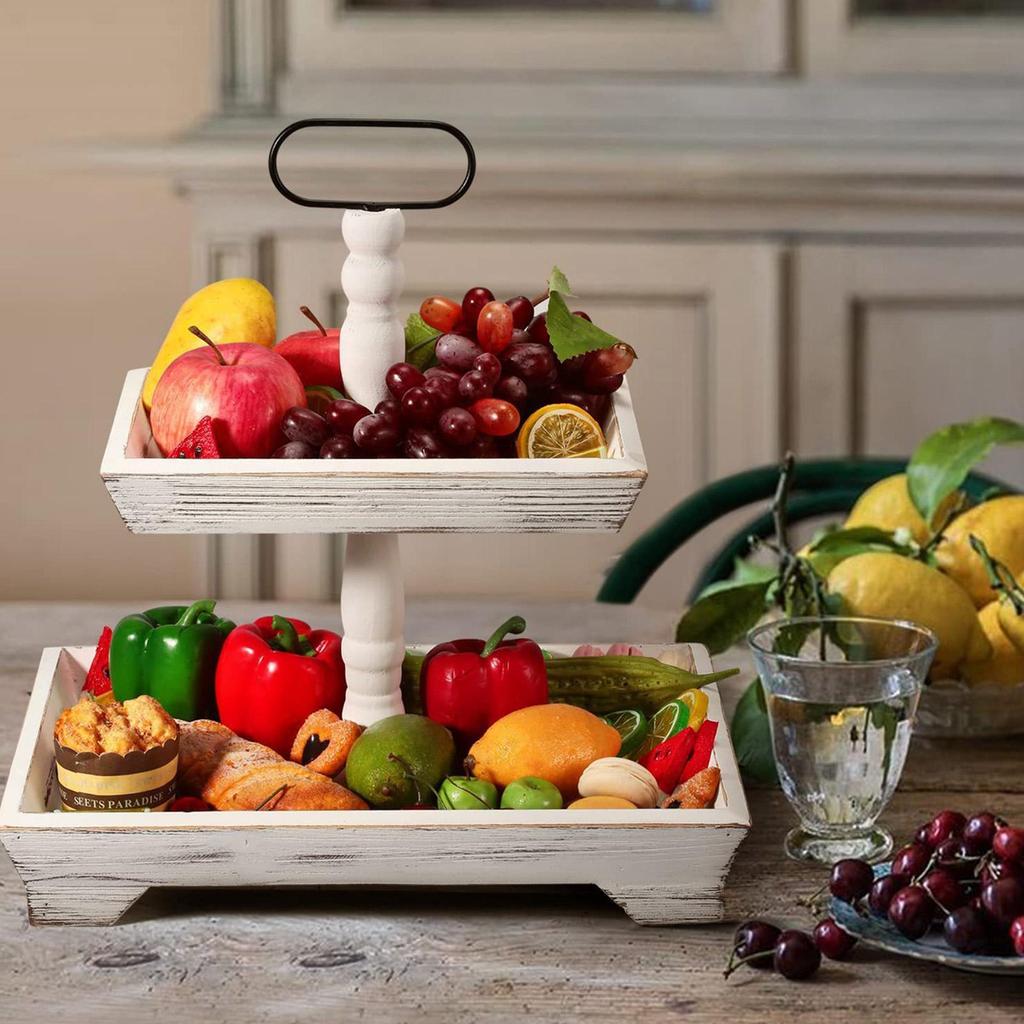 2 Tiered Tray Wooden Tiered Display Stand With Metal Handle Rectangular Holder For Display Home Kitchen Fruit Dessert Food