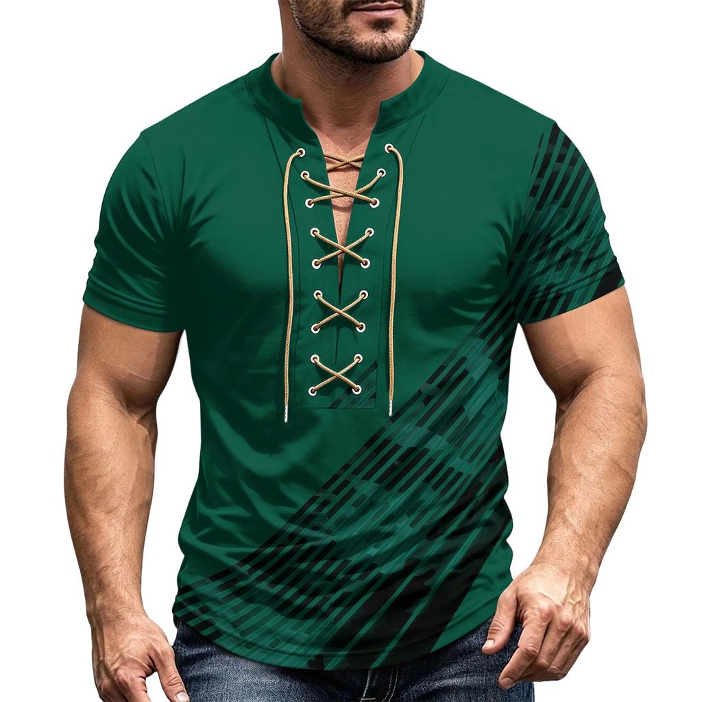 Herren Sommer Retro V-Ausschnitt Hemd Kurzarm Lässig Farbe Oberteil