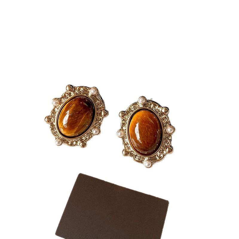Maillard Silver Needle Tiger Eye Pearl Retro Stud Earrings for Women