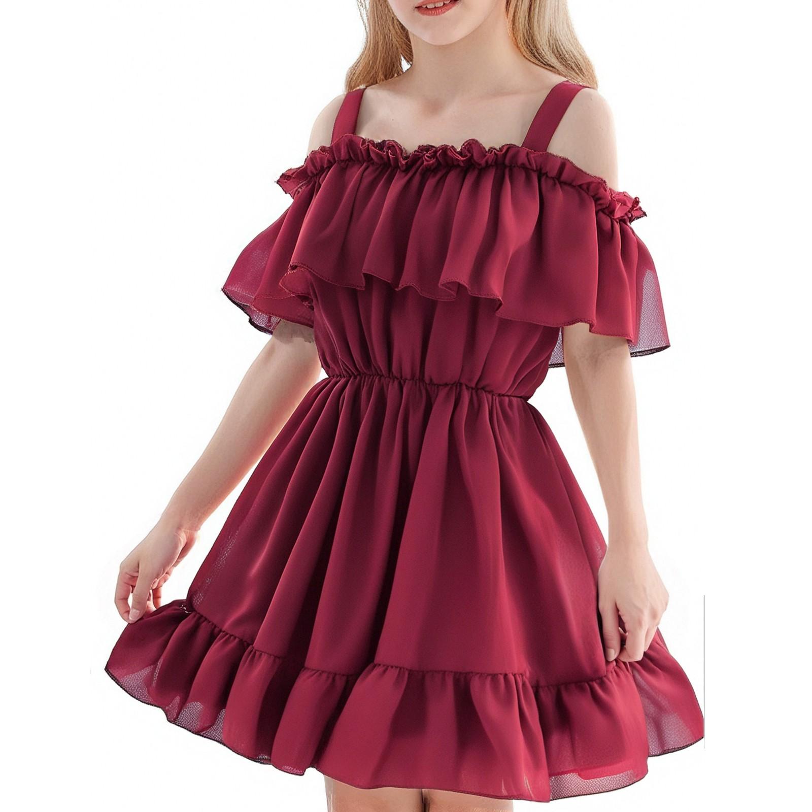 

Летнее платье для девочек - Сарафан с оборкой на одно плечо 120 винный