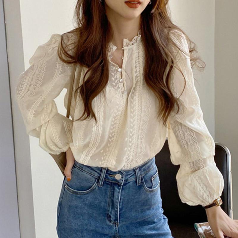 

Осенняя мода винтажная элегантная вышитая кружевная блузка женская круглая горловина тонкая с длинным рукавом женская рубашка топы однотонные свободные повседневные женские блузки 25174 XXL бежевый
