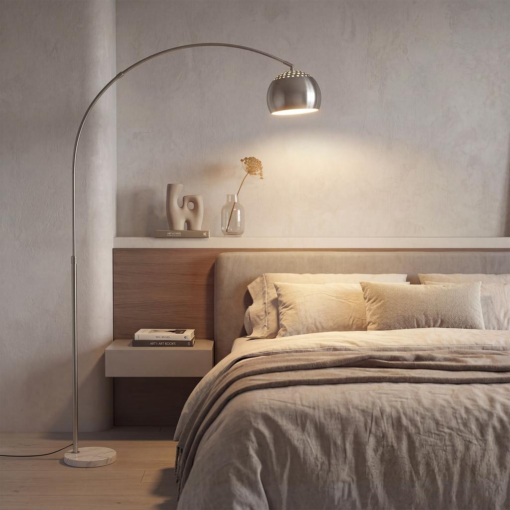 Arc Floor Lamp for Living Room, Modern Adjustable Standing Lamp with Faux Black Marble Base Silver Tone