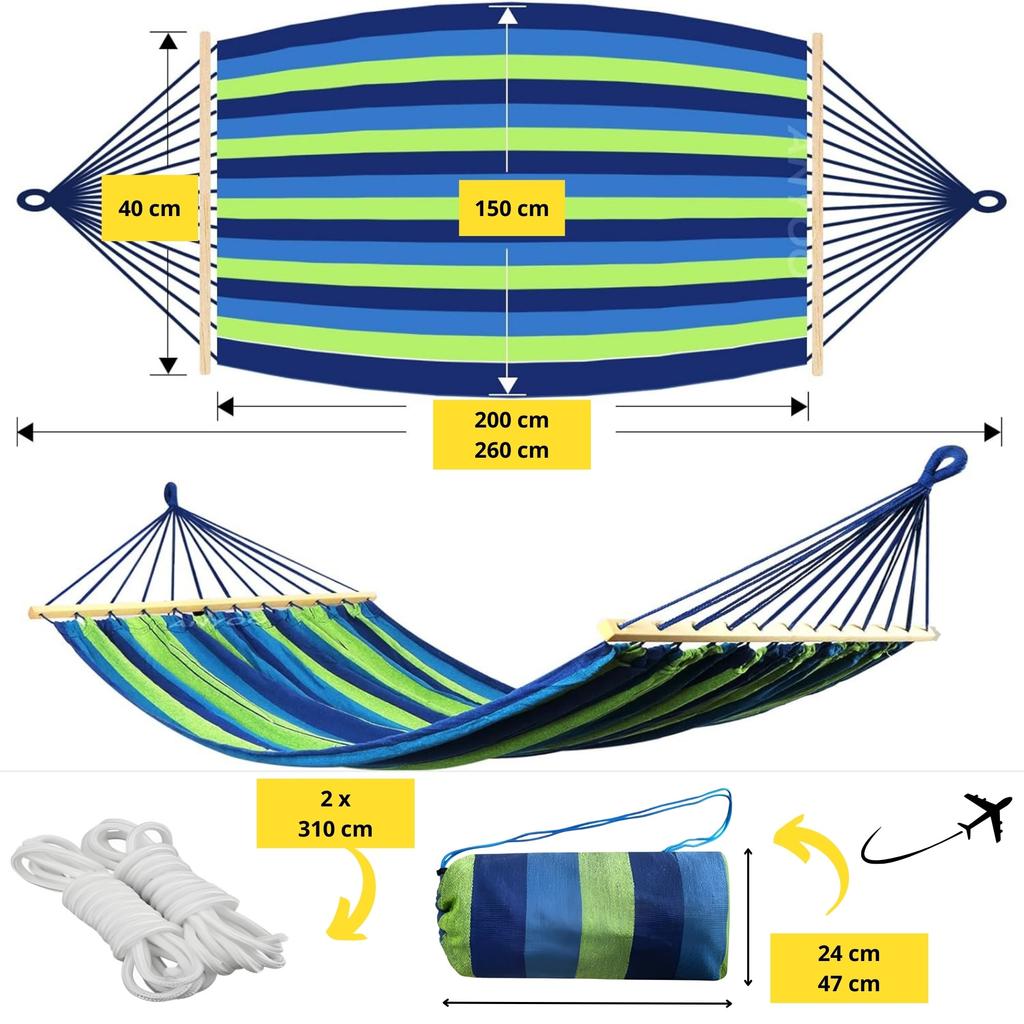 Double Hammock De Gardina 260×150 Cm GALAXIA® Blue Green Wooden Bar Cotton Double Hammock