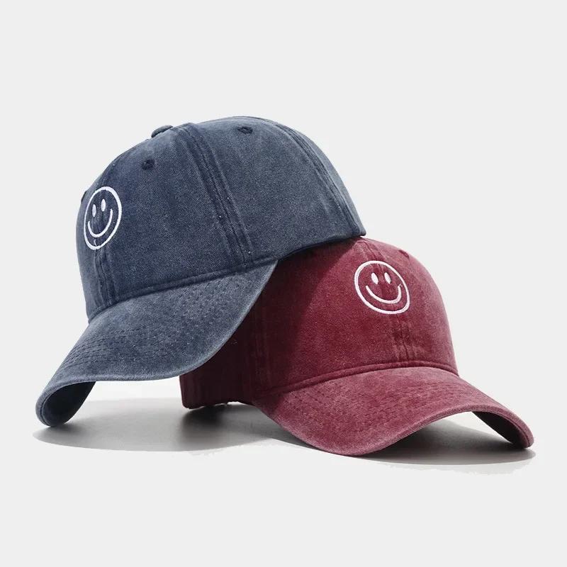 Washed Cotton Baseball Caps Women Men Soft Snapback Hat Outdoor Sport Trucker Gorras Smile Face Embroidery Hip Hop Dad Hat Gifts