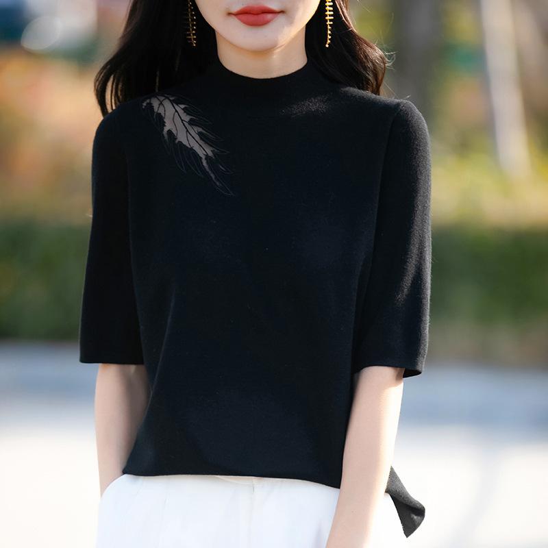 

Новый весенне-летний однотонный вязаный свитер с полувысоким воротом и рукавом пять четвертей, свободный XL чёрный