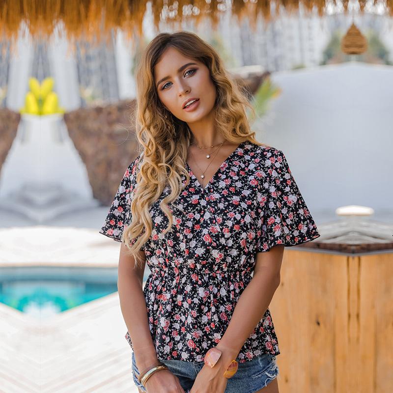 

Женская весенне-летняя повседневная блузка, топ, рубашка с v-образным вырезом, короткими пышными рукавами, тонкий шифоновый принт, черный, SML XL XL чёрный