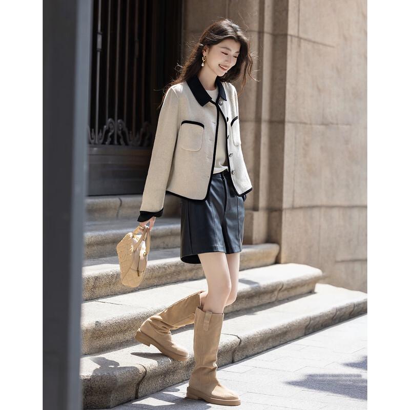 Demana Leichter Luxus Merinowolle Color-Block Spitzes Revers Kurzer Mantel