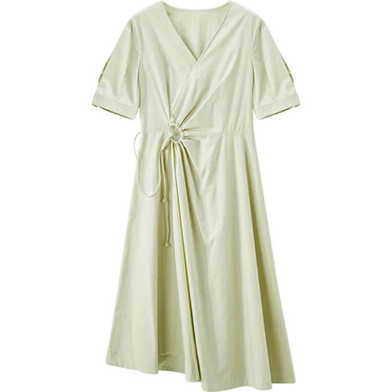 Xiangying Solid V-Neck Puff Sleeve Midi Dress S