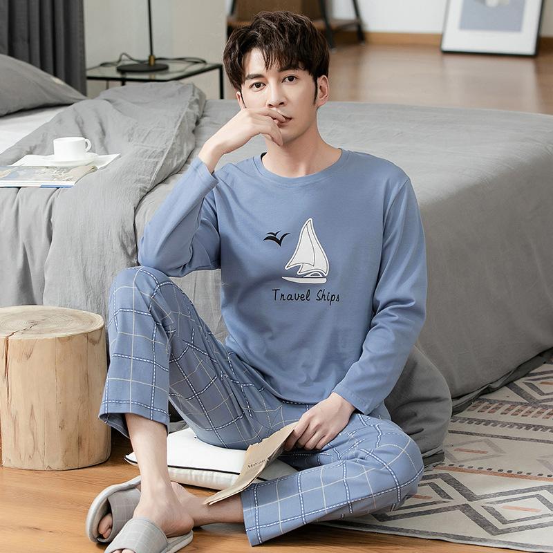 Men's pajamas spring and autumn pure cotton long-sleeved casual loungewear youth men's autumn thin cotton large-size suit