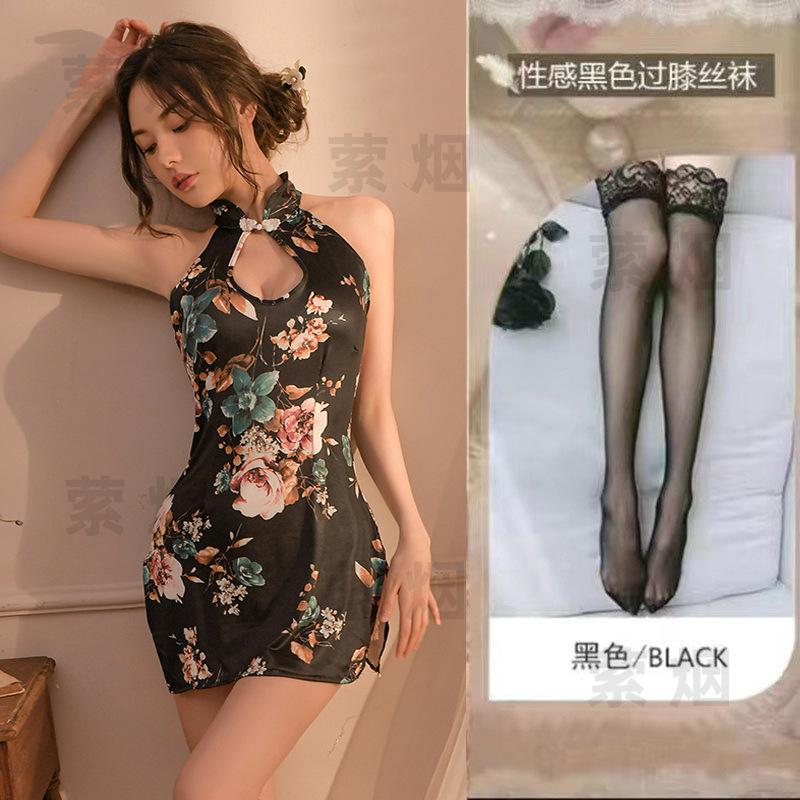 Sex underwear printed retro cheongsam passion hollow temptation split end sleeveless slim uniform suit hanging neck