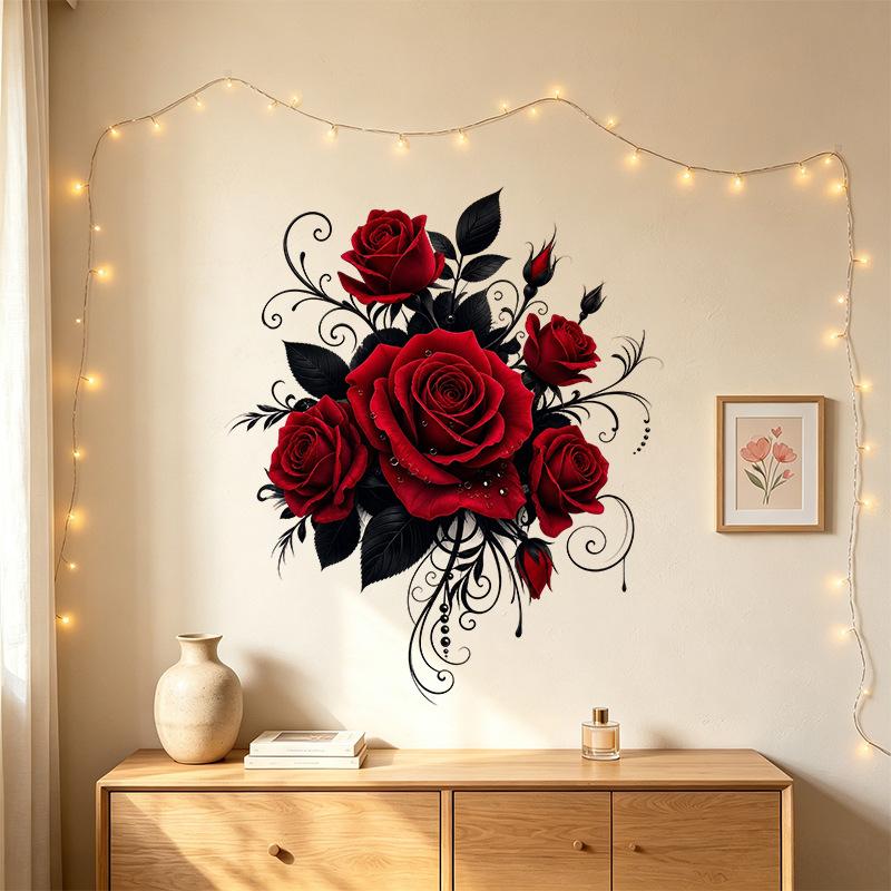 Valentine Rose Black Leaf Wall Sticker Self Adhesive Removable Sweet Flower Decal Shop Display Home Decor