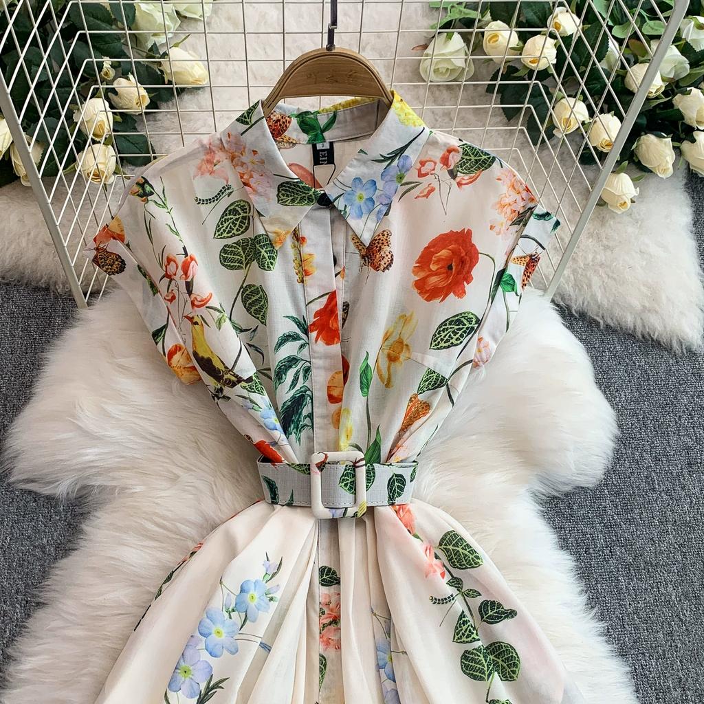 Summer Women Elegant Turn-down Collar Designer Print Long Midi Runway Party Shirt Dresses With Belt