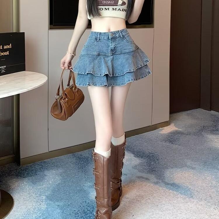 Retro Ruffled Denim Shorts Skirt Women Summer Streetwear Ladies Short Skirts