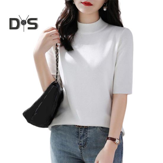 Women Sweater Half High Collar Half Sleeve Knitting Tops Solid Color Slim Fit Sweater Tops Commuting Street Wear