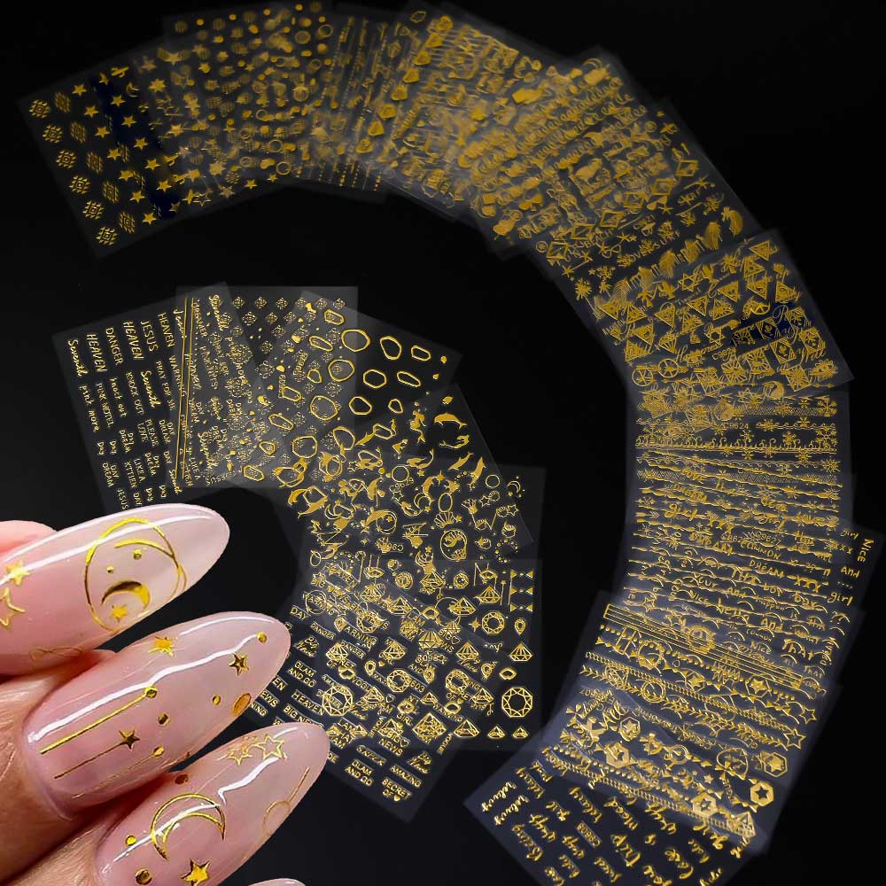 30Sheets Diamond Design Nail Sticker Laser Silver Star Heart Nail Decals 5.5*6.5cm Shiny Adhesive French Line Stripe Nail Slider